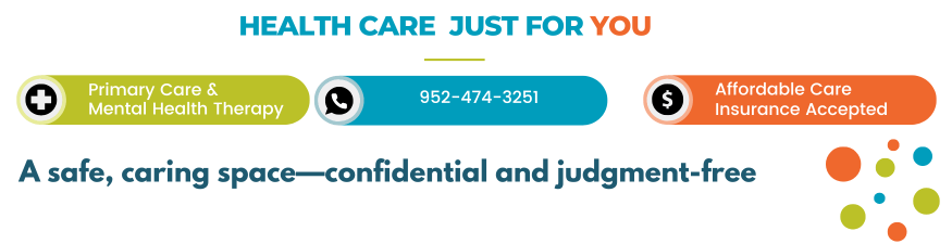 myHealth image showing primary care, mental health therapy, accepted insurance, and a safe, confidential, judgment-free message with contact info.
